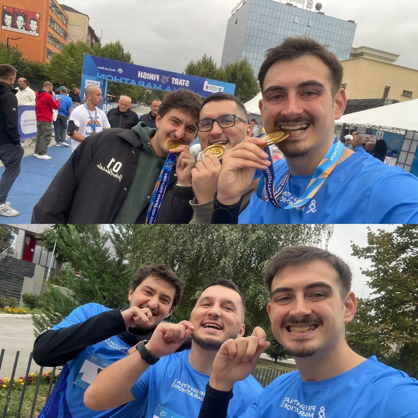 Blodin and friends celebrating with gold medals at the Prishtina Marathon finish