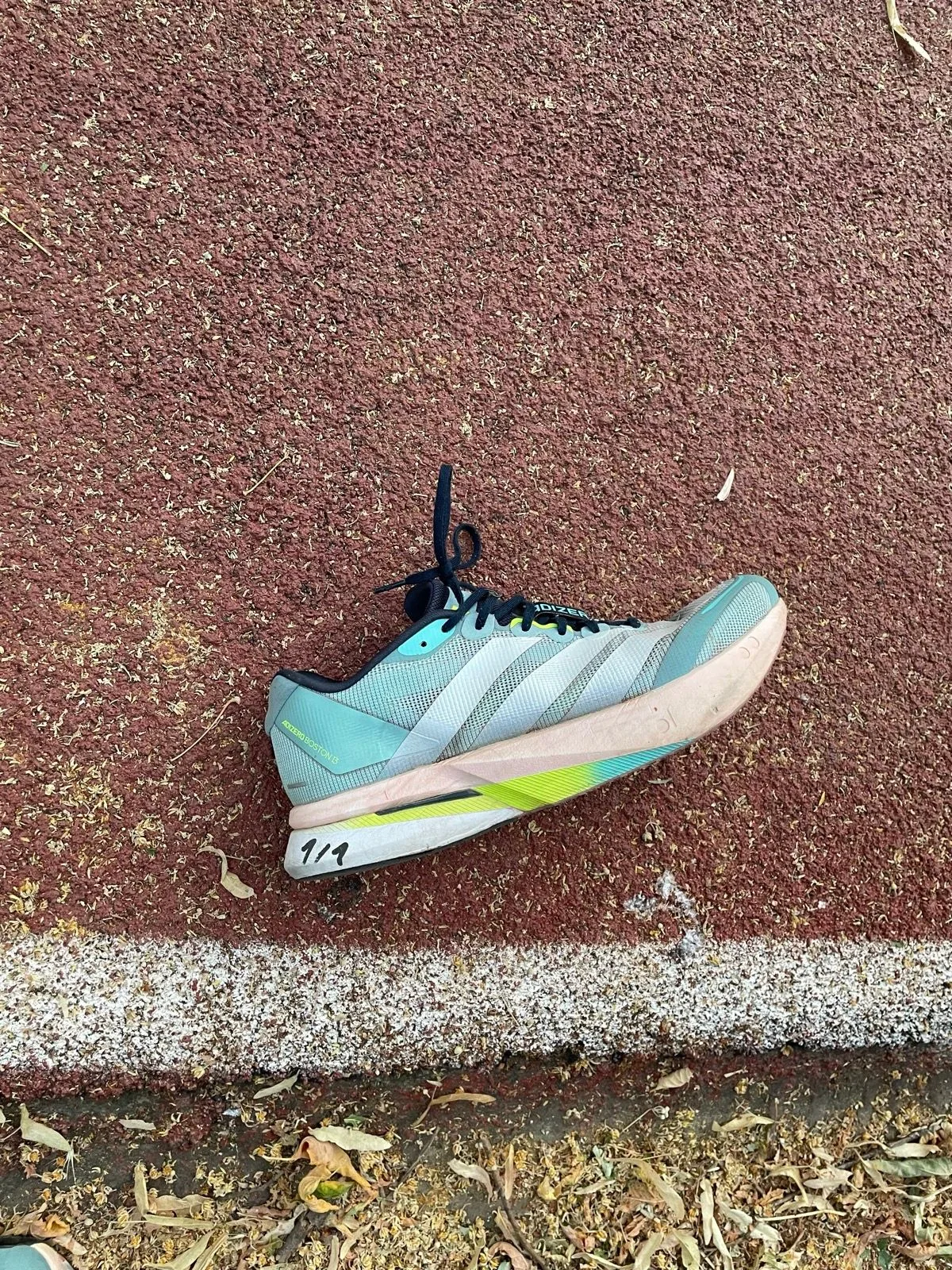 Well-worn racing flat resting on the track after a session
